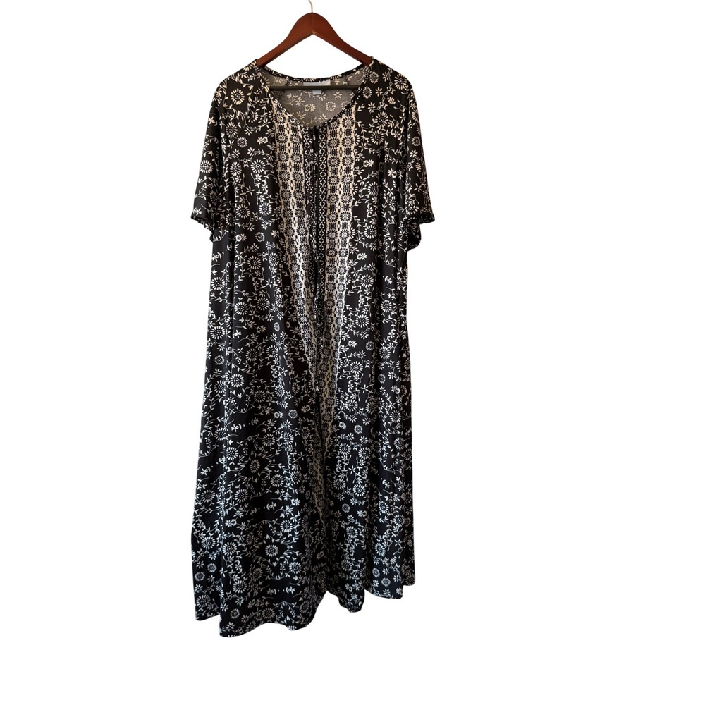 NWT vintage house dress muumuu Black White Floral Zip Neck Maxi Dress 14/16